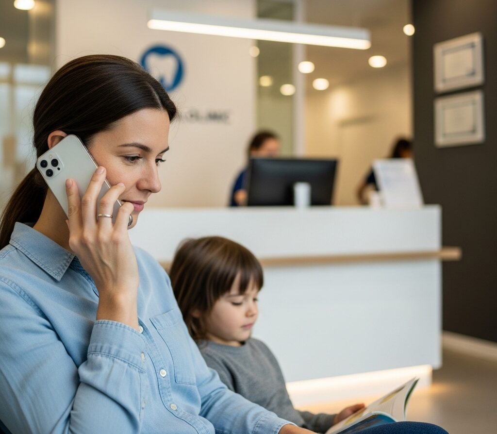 Parent calling a dental clinic for same-day emergency care for their child