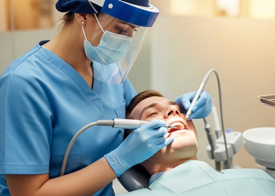 Dental hygienist performing a routine teeth cleaning in Edmonton